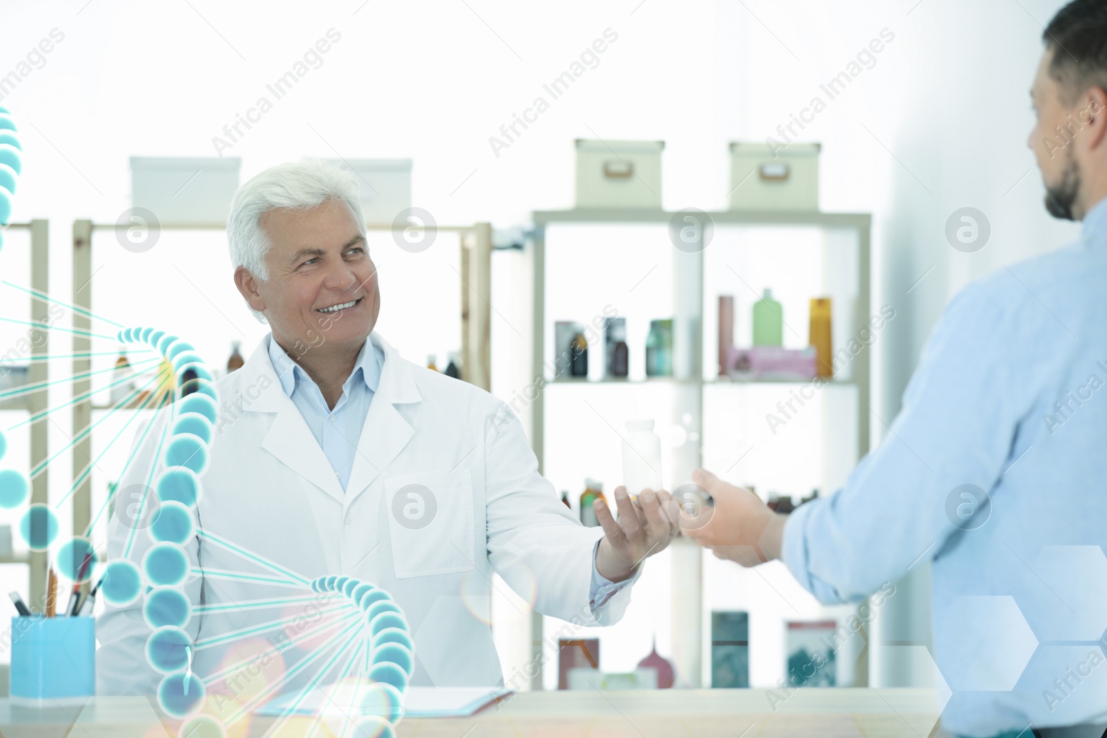 Image of Professional pharmacist giving medicine to customer in drugstore