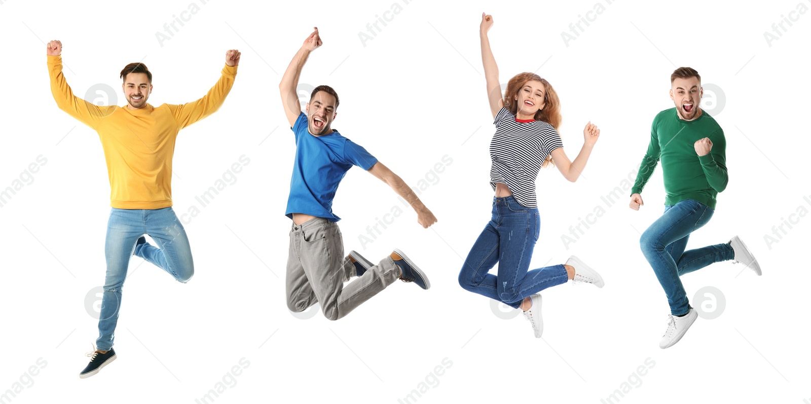 Image of Collage with photos of happy people celebrating victory on white background. Banner design