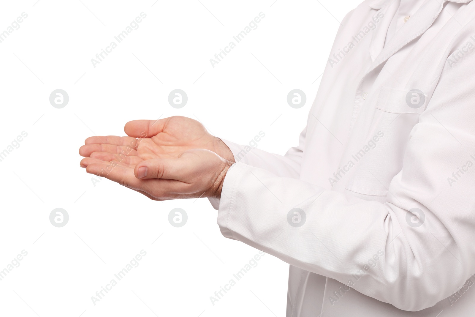 Photo of Doctor holding something on white background, closeup