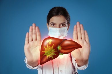 Image of Woman showing stop gesture and illustration of unhealthy liver on blue background. Viral hepatitis