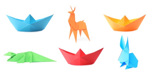 Image of Collage with many different paper figures on white background. Origami art