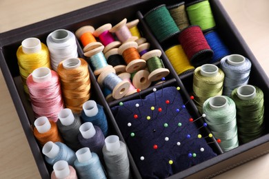 Photo of Set of sewing threads and cushion with pins in organizer, closeup