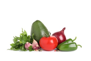 Fresh ingredients for guacamole on white background