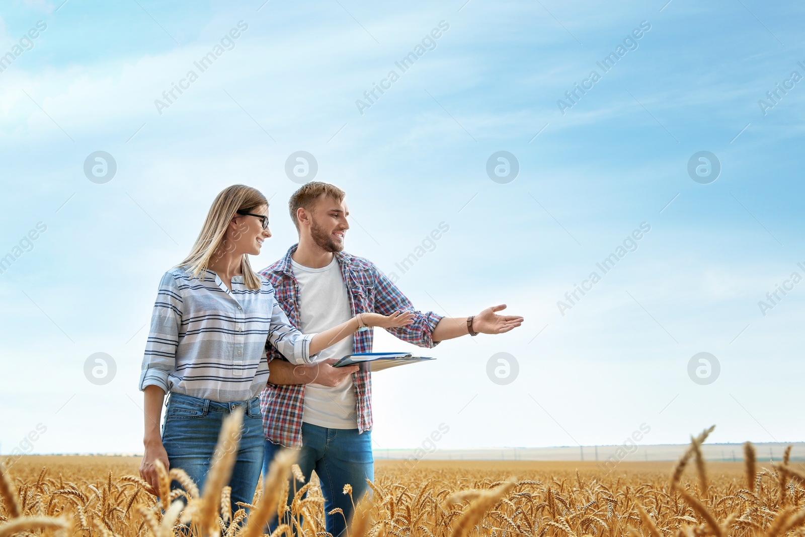 Photo of Young agronomists in grain field. Cereal farming