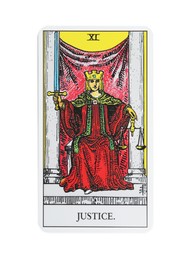 Photo of Justice card isolated on white. Tarot reading