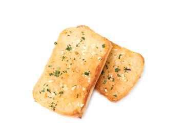 Photo of Slices of tasty garlic bread with herbs isolated on white