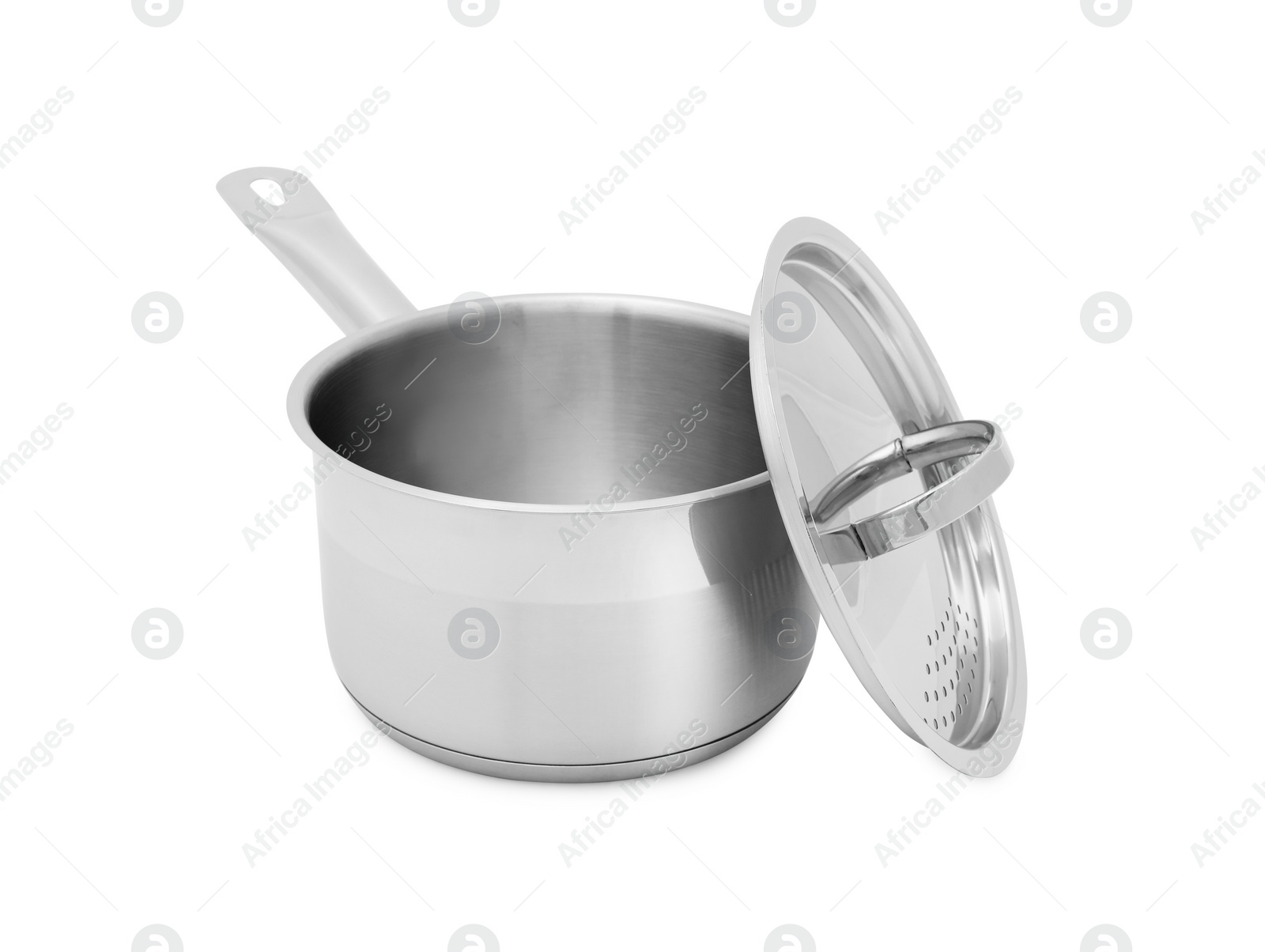Photo of One steel saucepan with strainer lid isolated on white