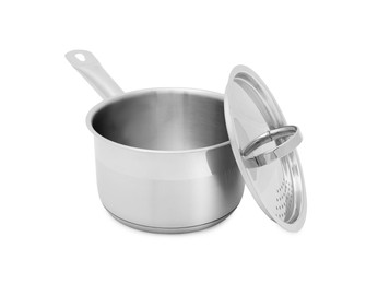 Photo of One steel saucepan with strainer lid isolated on white