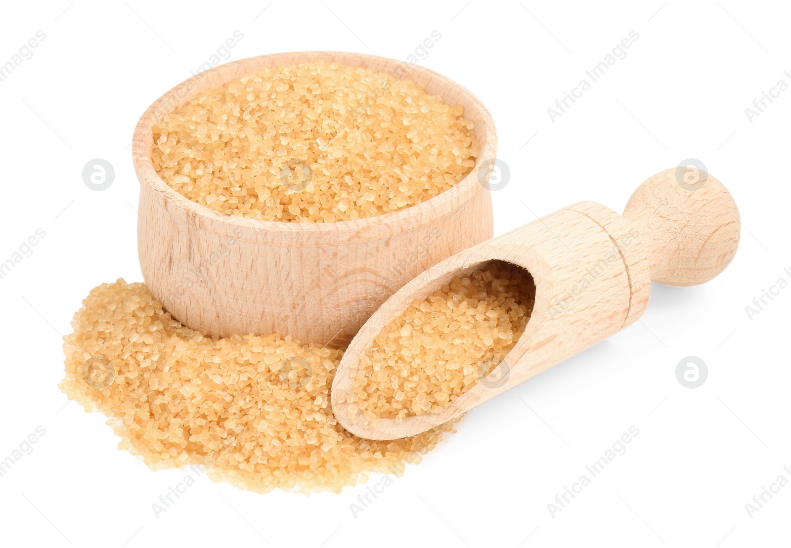 Photo of Brown sugar in bowl and scoop isolated on white