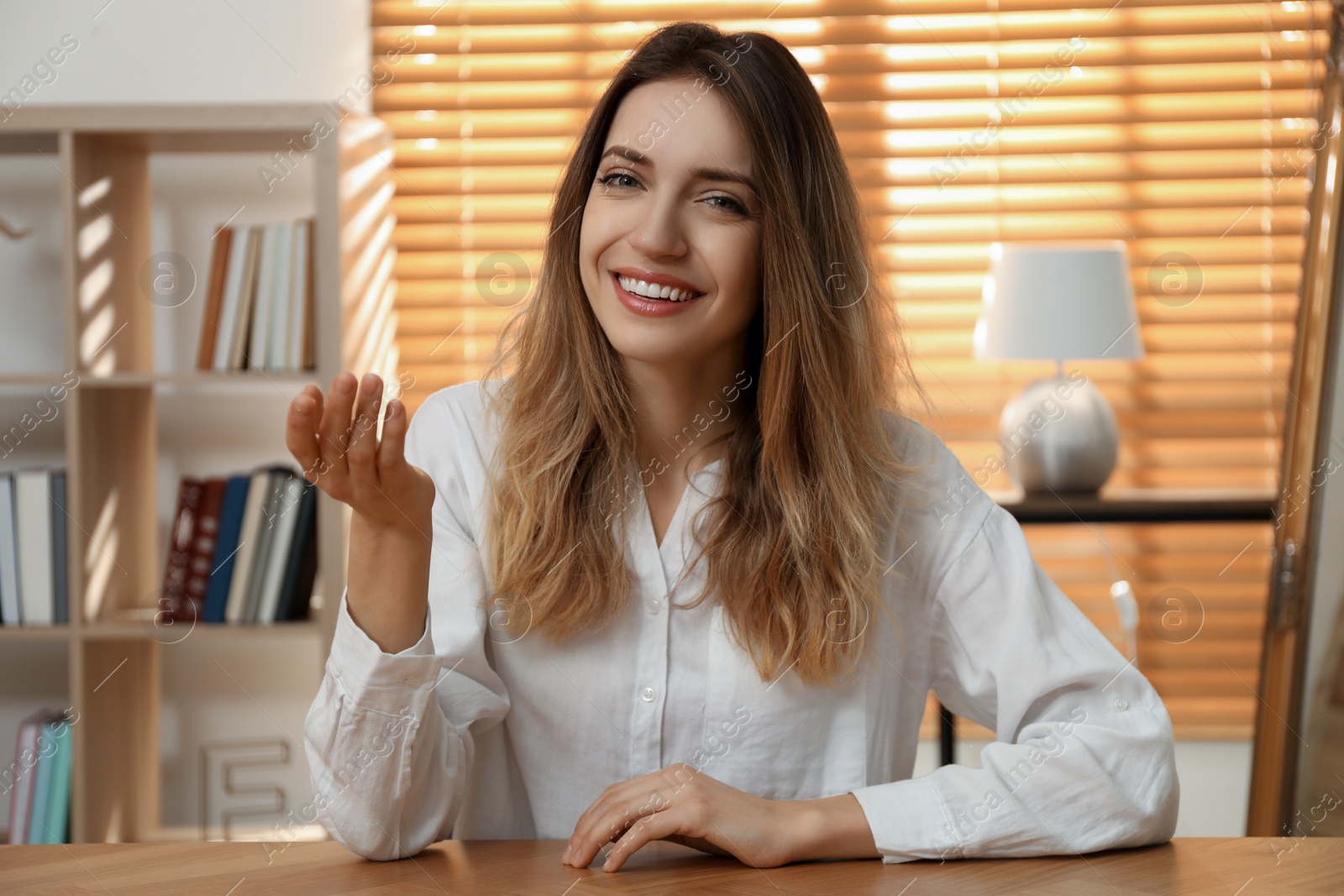 Photo of Young woman holding online webinar indoors, view from webcam