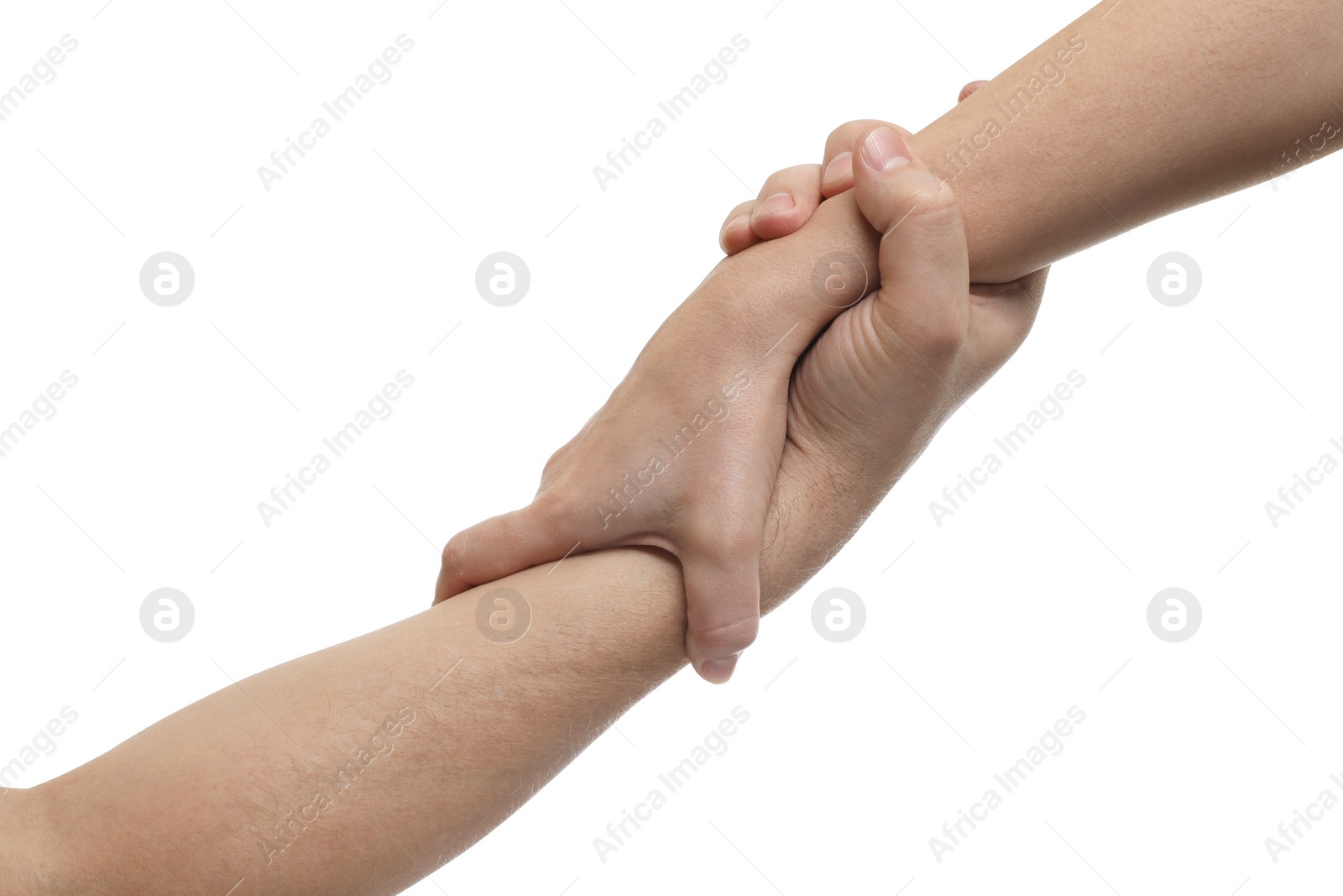 Photo of Man and woman holding hands together on white background, closeup
