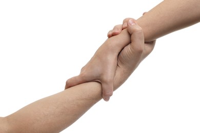 Man and woman holding hands together on white background, closeup