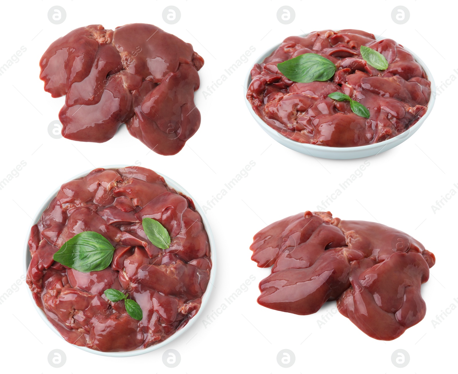 Image of Fresh raw chicken liver isolated on white, collection. Top and side views