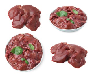 Image of Fresh raw chicken liver isolated on white, collection. Top and side views