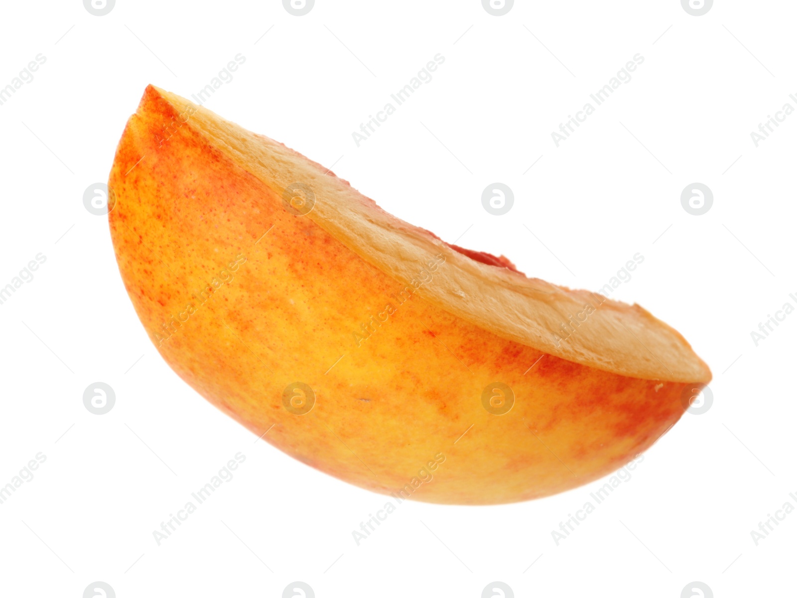 Photo of Slice of juicy peach on white background