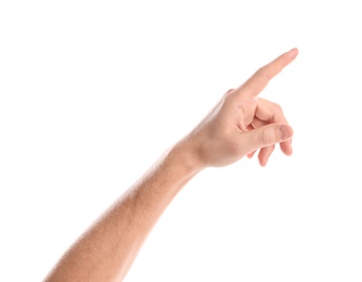 Man pointing at something on white background, closeup of hand