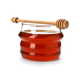 Photo of Jar with delicious honey and dipper on white background