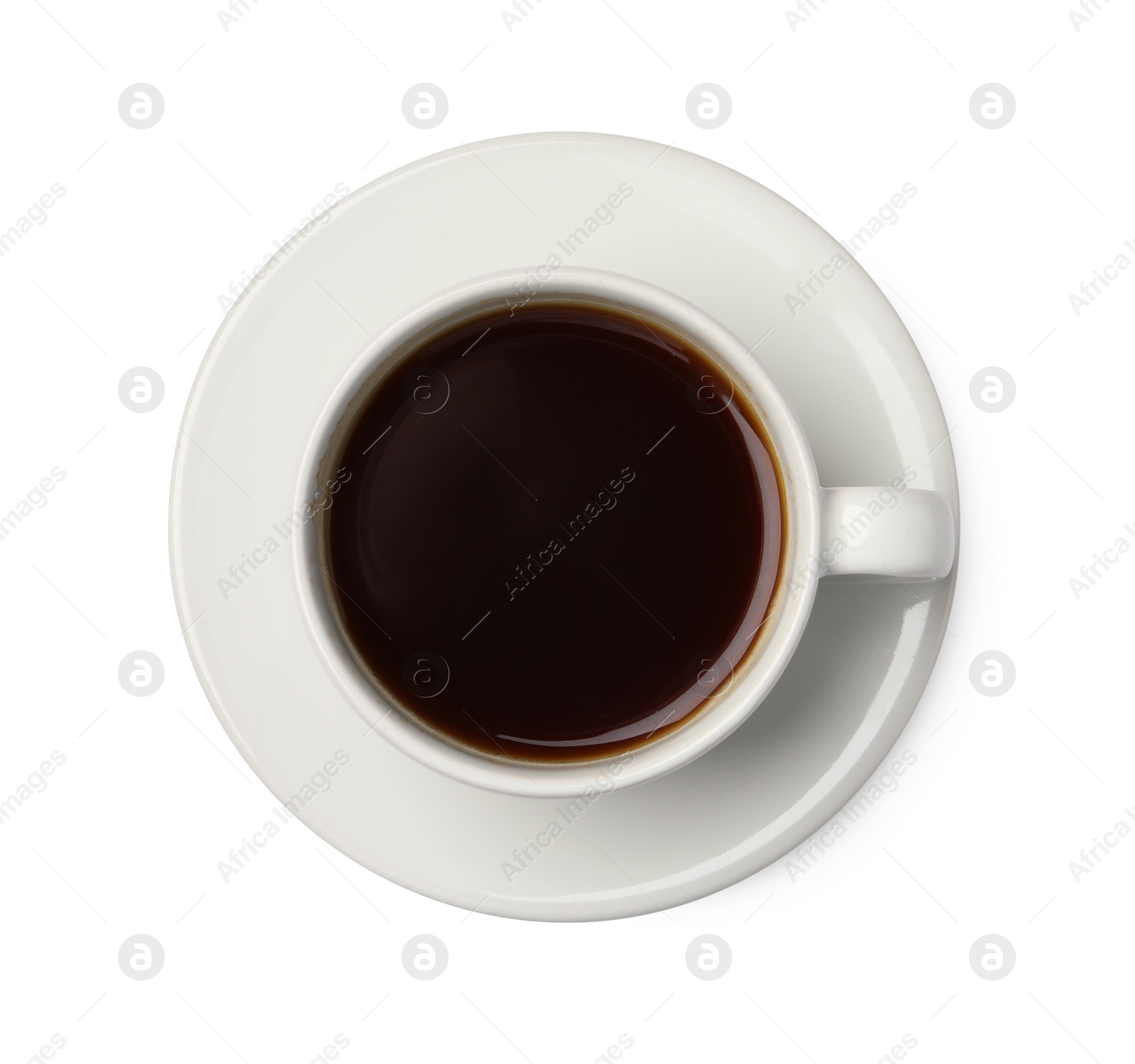 Photo of Tasty coffee in cup isolated on white, top view