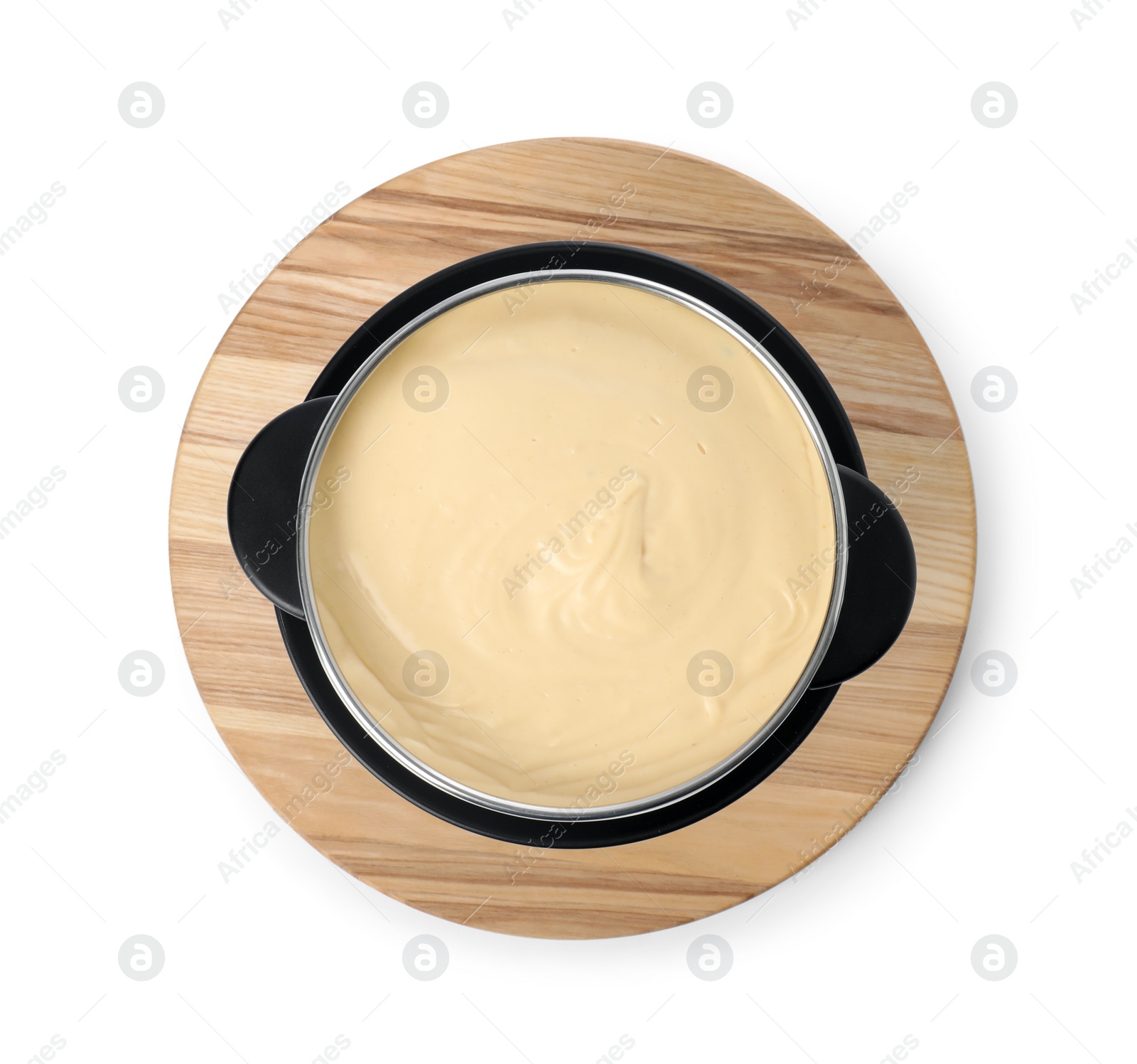 Photo of Fondue pot with tasty melted cheese isolated on white, top view