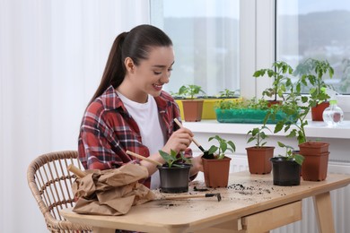 Photo of Happy woman planting seedlings into pot at wooden table in room