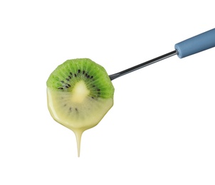 Kiwi with chocolate on fondue fork against white background