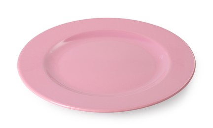 One pink ceramic plate isolated on white