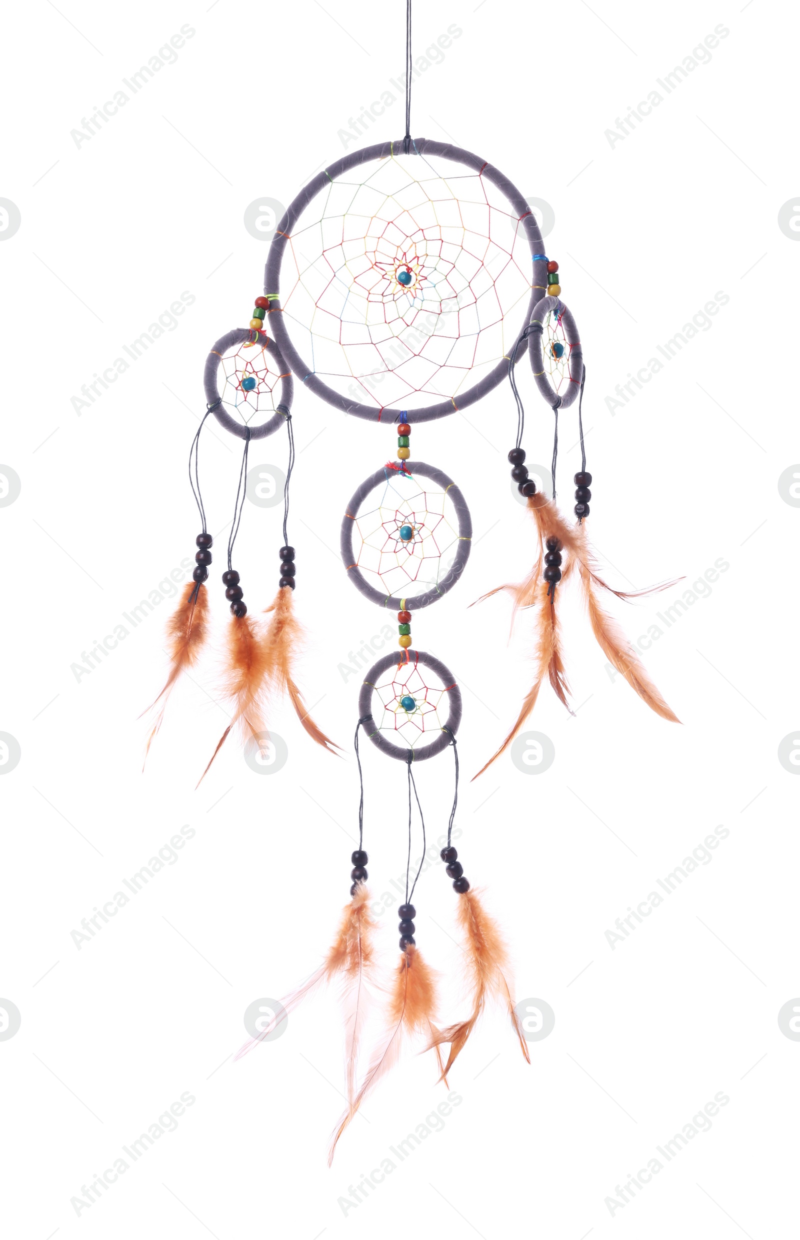 Photo of Beautiful handmade dream catcher on white background