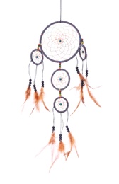 Photo of Beautiful handmade dream catcher on white background