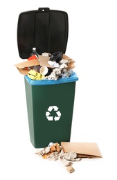 Photo of Trash bin with garbage on white background. Waste recycling