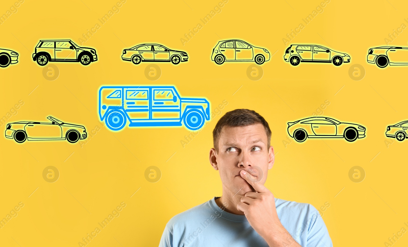 Image of Car buying. Man choosing auto on yellow background