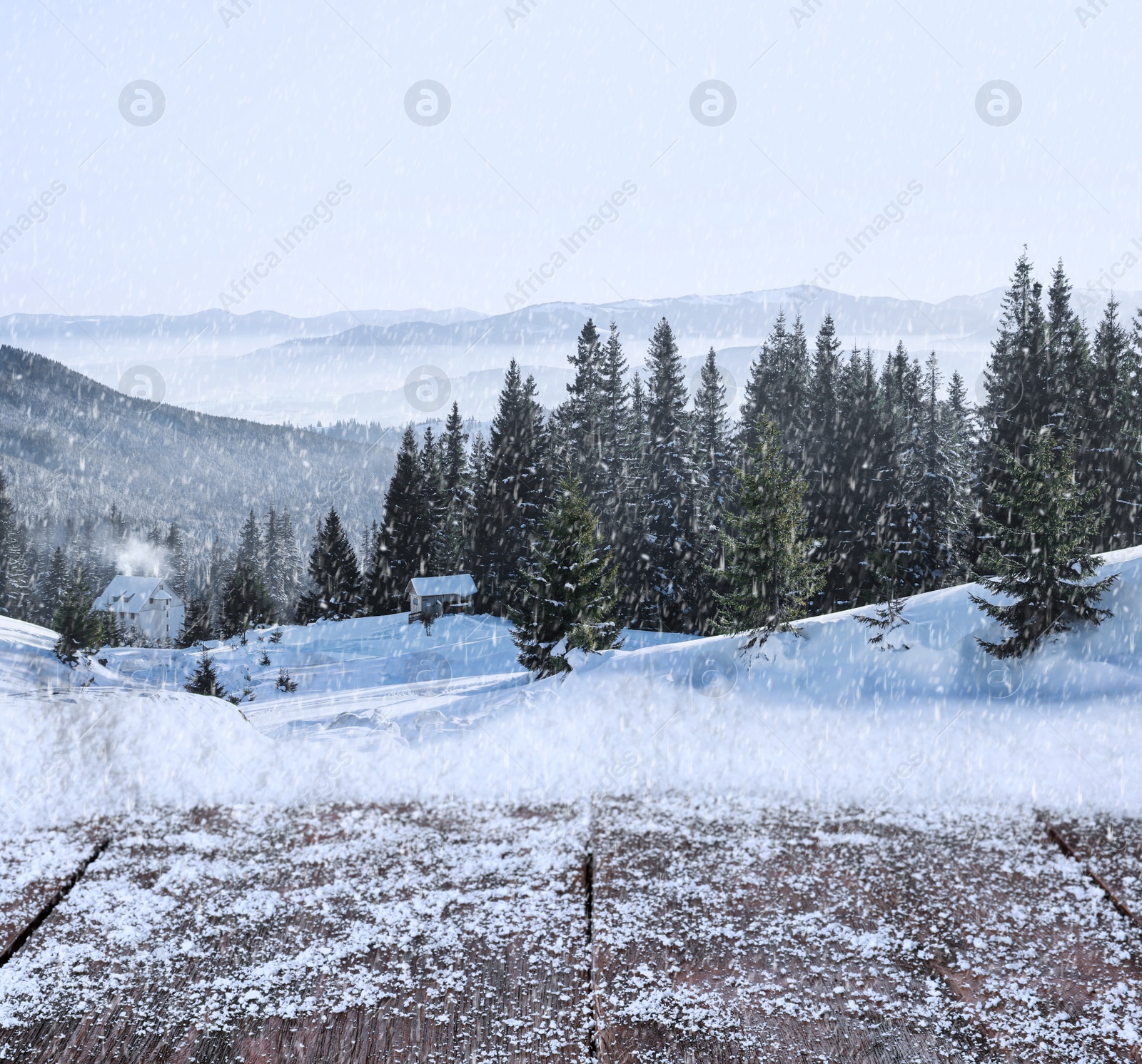 Image of Wooden surface and beautiful view of winter landscape 