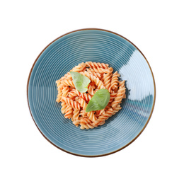 Delicious fusilli pasta with tomato sauce isolated on white, top view