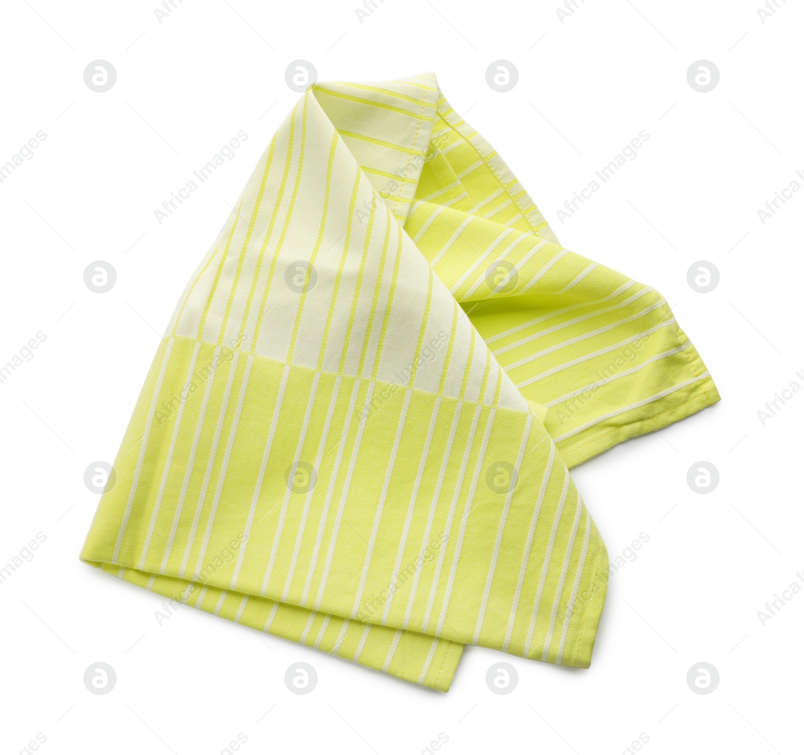 Photo of Yellow striped kitchen towel isolated on white, top view