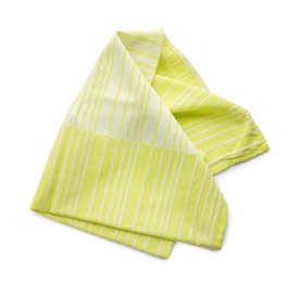 Photo of Yellow striped kitchen towel isolated on white, top view