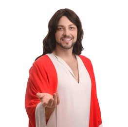 Photo of Jesus Christ reaching out his hand on white background