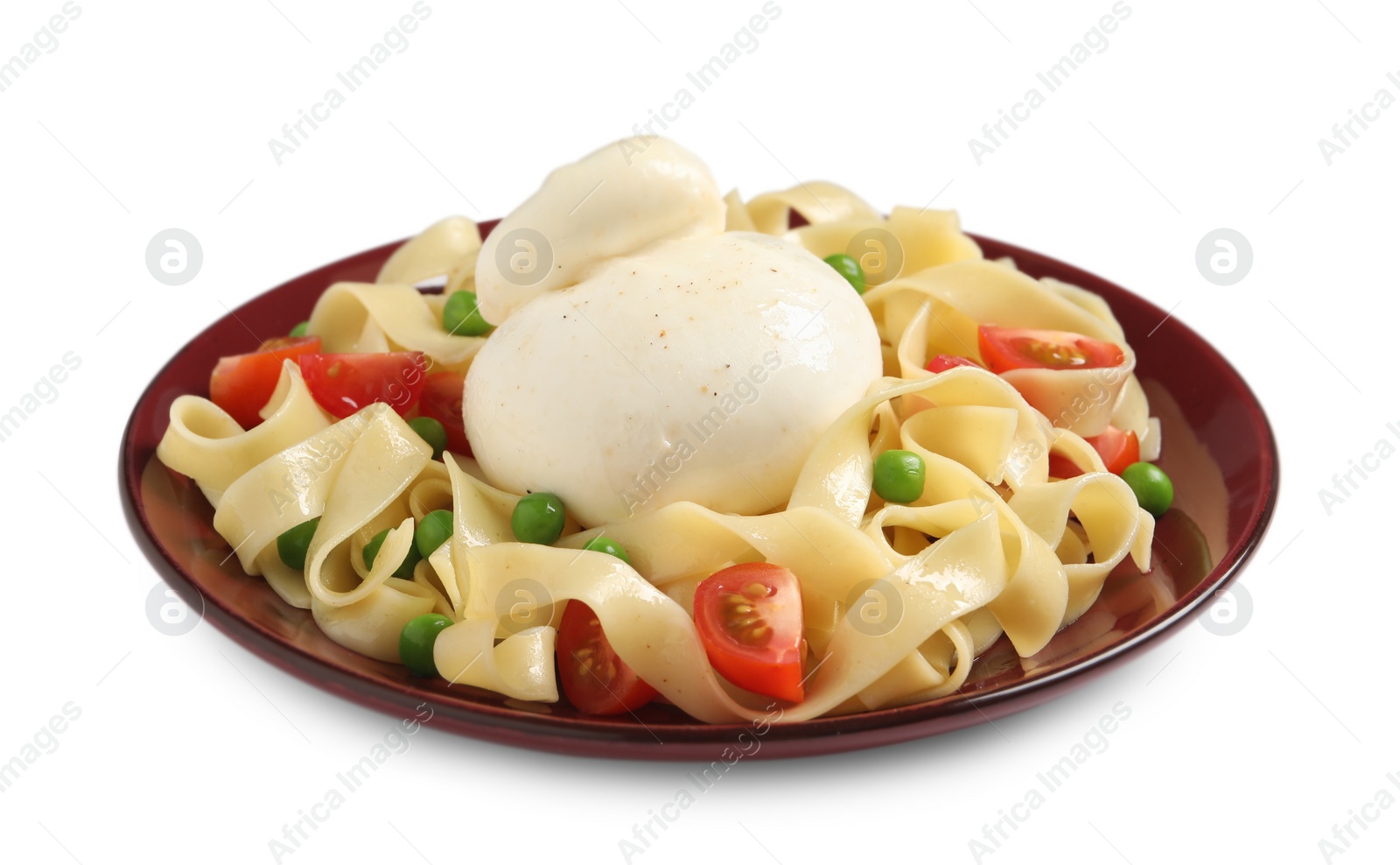 Photo of Plate of delicious pasta with burrata, peas and tomatoes isolated on white