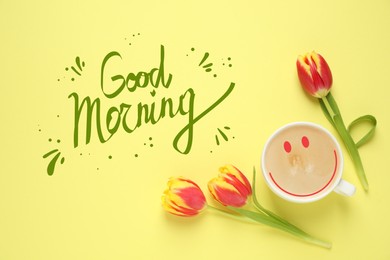 Image of Cup of morning coffee and tulips on yellow background, flat lay. Good Morning