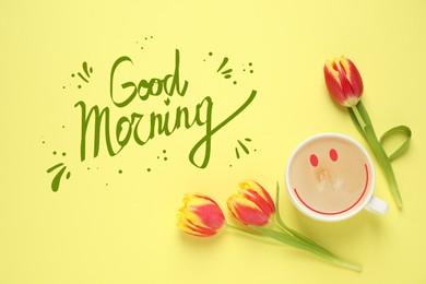 Cup of morning coffee and tulips on yellow background, flat lay. Good Morning