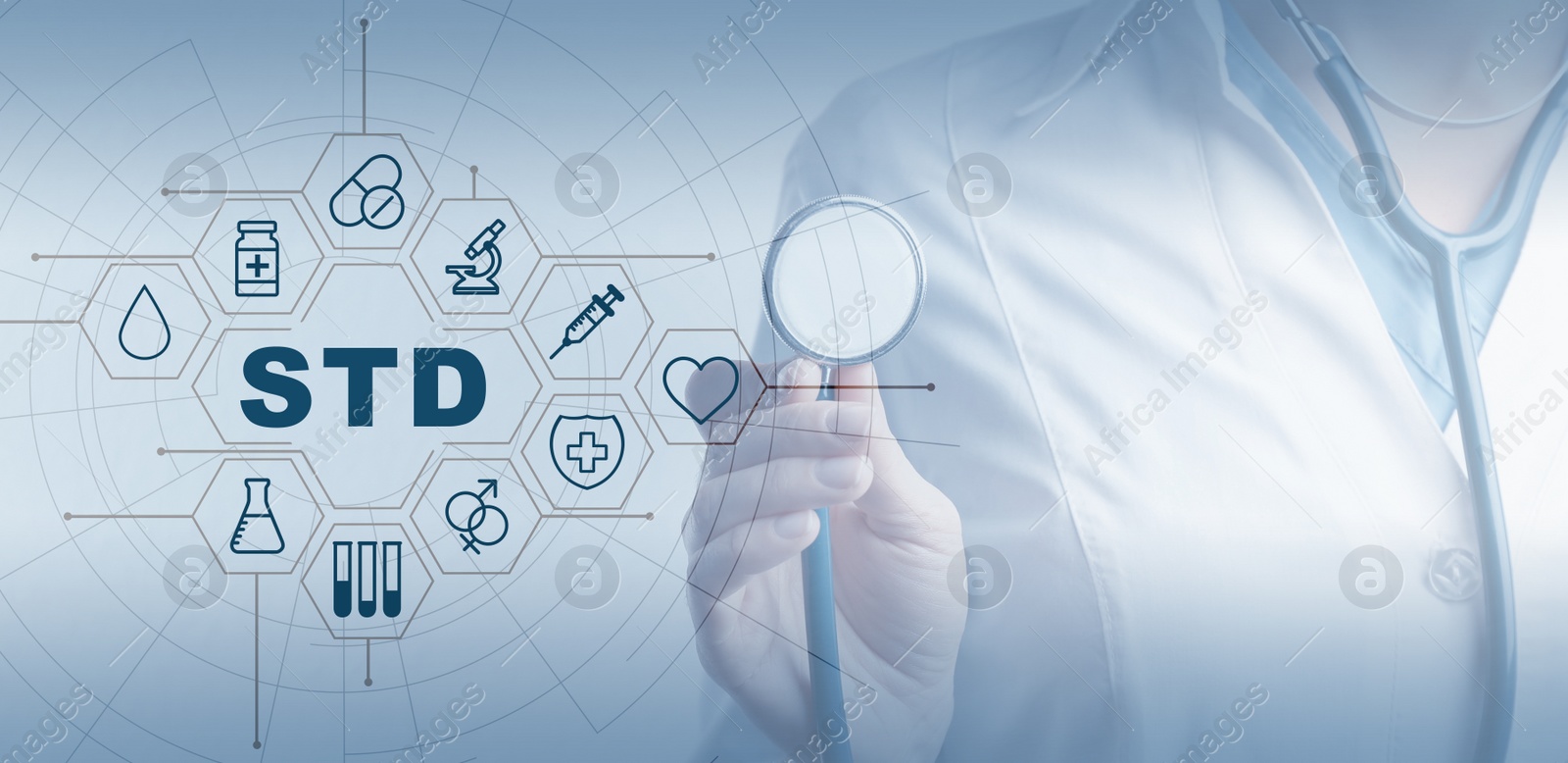 Image of STD prevention. Closeup view of doctor with stethoscope, abbreviation and different icons on light blue background, banner design