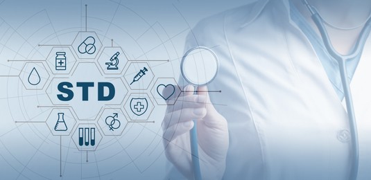 Image of STD prevention. Closeup view of doctor with stethoscope, abbreviation and different icons on light blue background, banner design