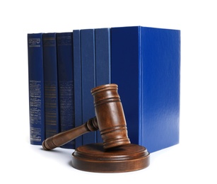 Wooden gavel and books on white background. Law concept