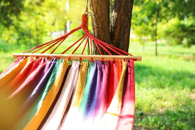 Photo of Bright comfortable hammock hanging in green garden, closeup