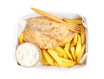 Photo of Delicious fish and chips in paper box isolated on white, top view