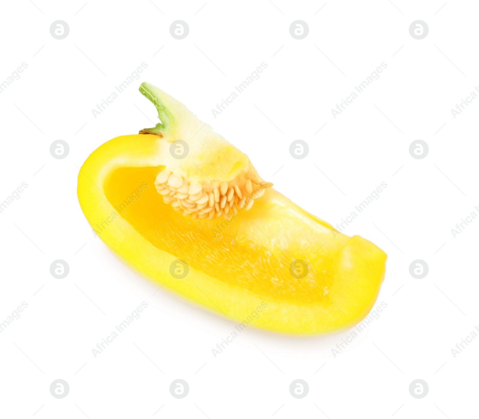 Photo of Cut yellow bell pepper with seeds isolated on white