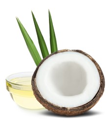 Image of Bowl of coconut cooking oil and fruit on white background