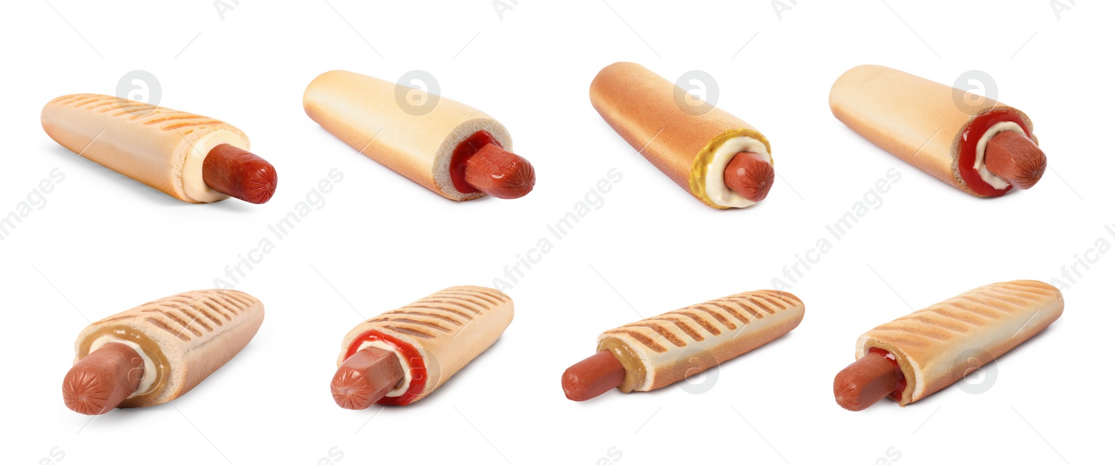 Image of Set of yummy French hot dogs with different sauces isolated on white