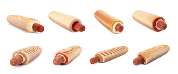 Set of yummy French hot dogs with different sauces isolated on white