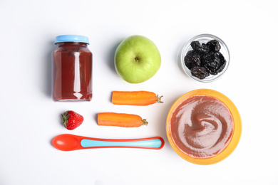 Photo of Flat lay composition with healthy baby food and ingredients on white background