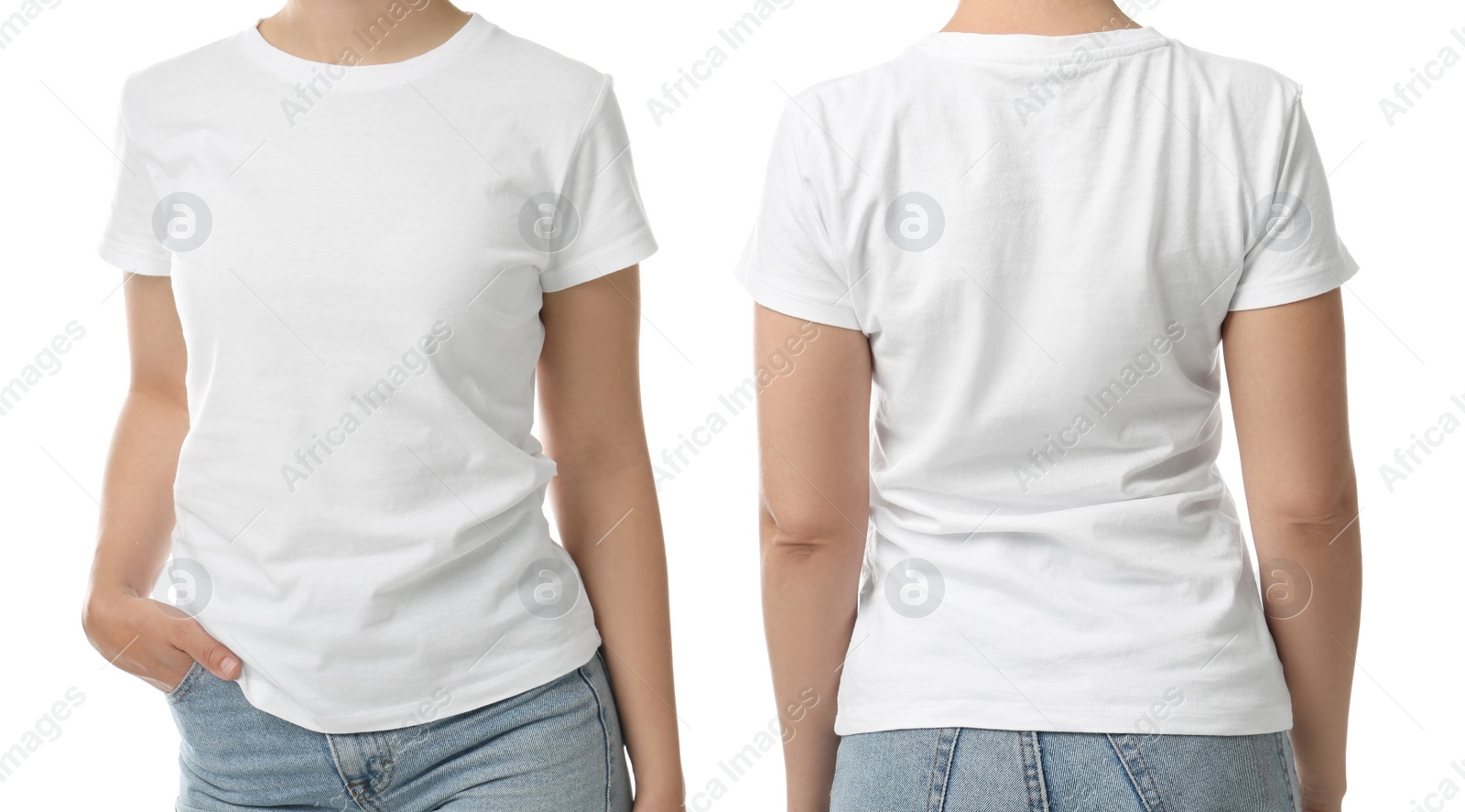 Image of Woman in t-shirt on white background, closeup with back and front view. Mockup for design