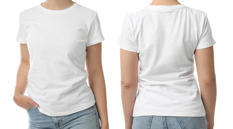 Woman in t-shirt on white background, closeup with back and front view. Mockup for design